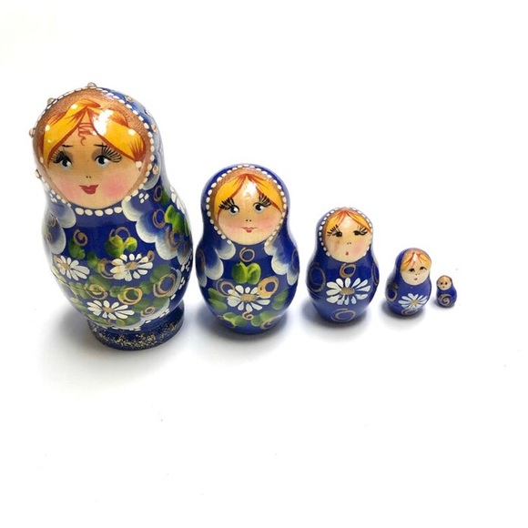 Vintage Blue Russian Nesting Dolls Matryoshka Set of Five - Picture 2 of 7